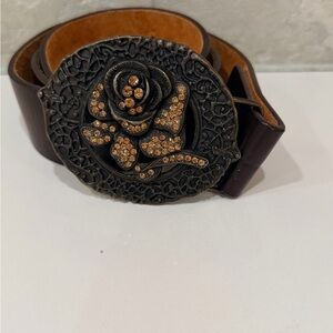 Western Vintage Embelished Brown Leather Belt with Rose Buckle 80cm